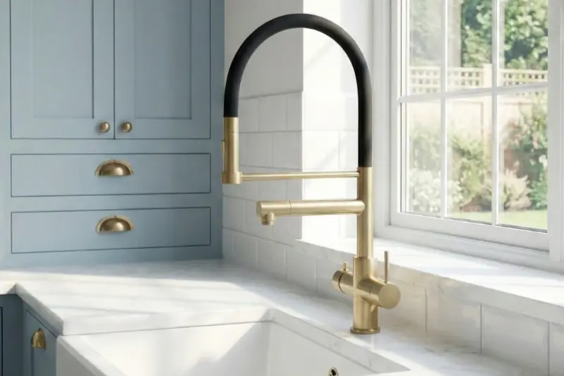 Vettä Pro Flex 4-in-1 tap close-up against a pale blue kitchen backdrop